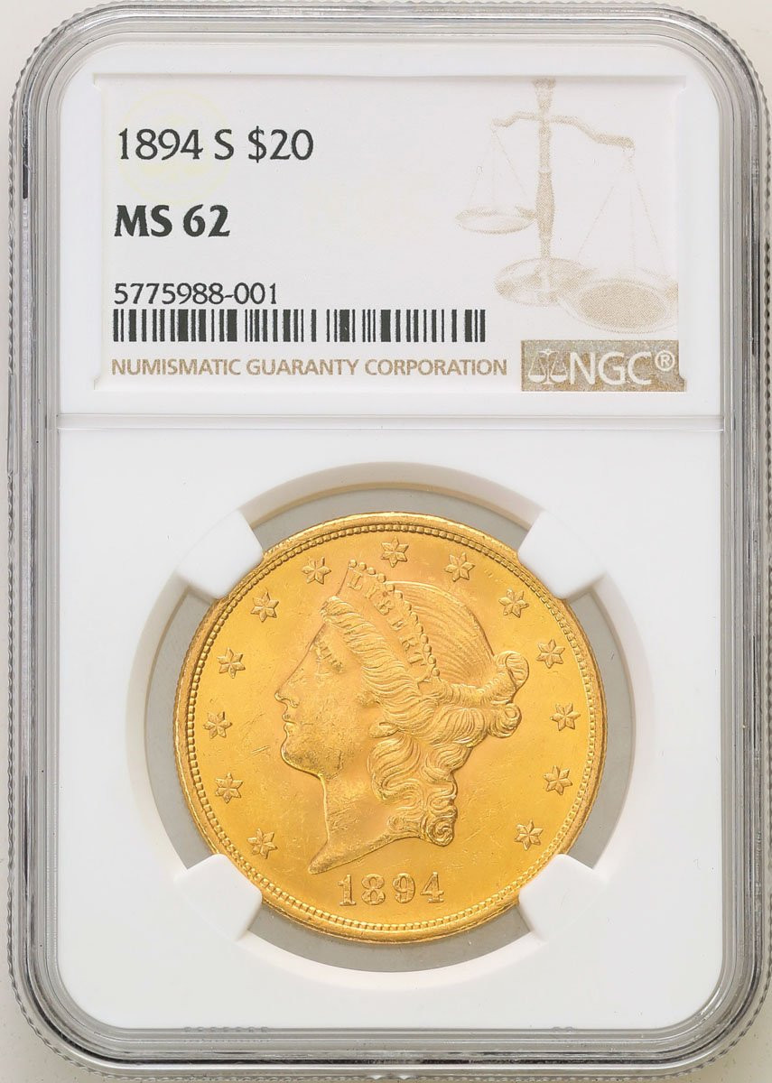 Amerykańskie złote 20 dolarów Liberty 1894 S - San Francisco NGC MS62